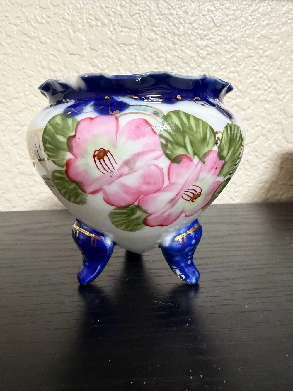 Hand-Painted Pink Floral Porcelain Footed Vase - Blue Trim